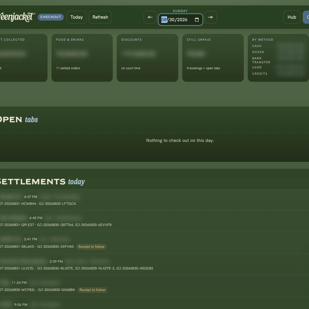 The Greenjacket checkout screen with the day summary