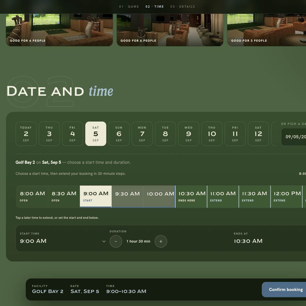 The Greenjacket booking time grid with a selection from nine to half past ten
