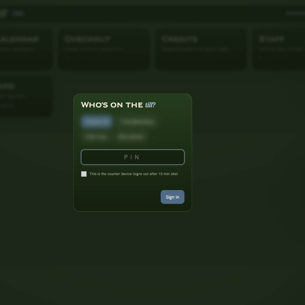 The staff sign-in picker asking for a PIN