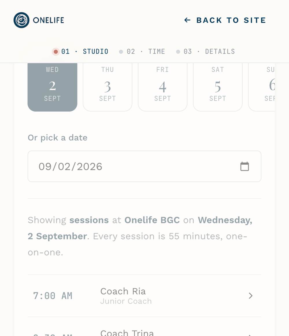 The ONELIFE booking page on a phone