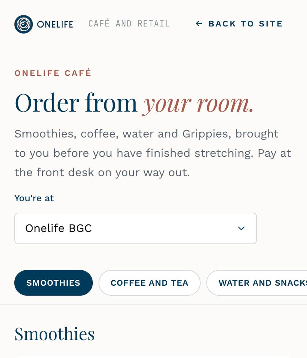 The ONELIFE café ordering page on a phone