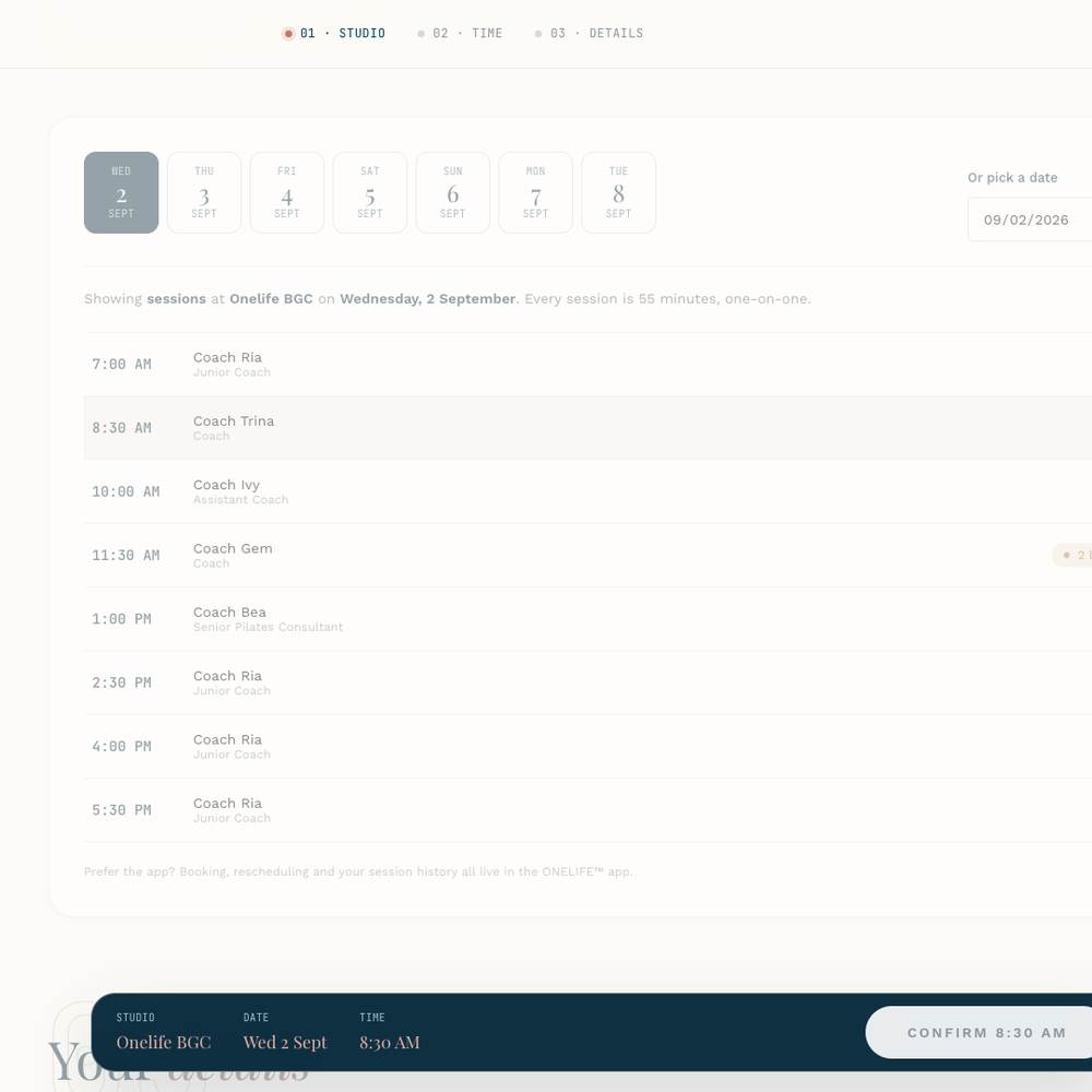The ONELIFE booking demo, showing the date rail and the live slot list