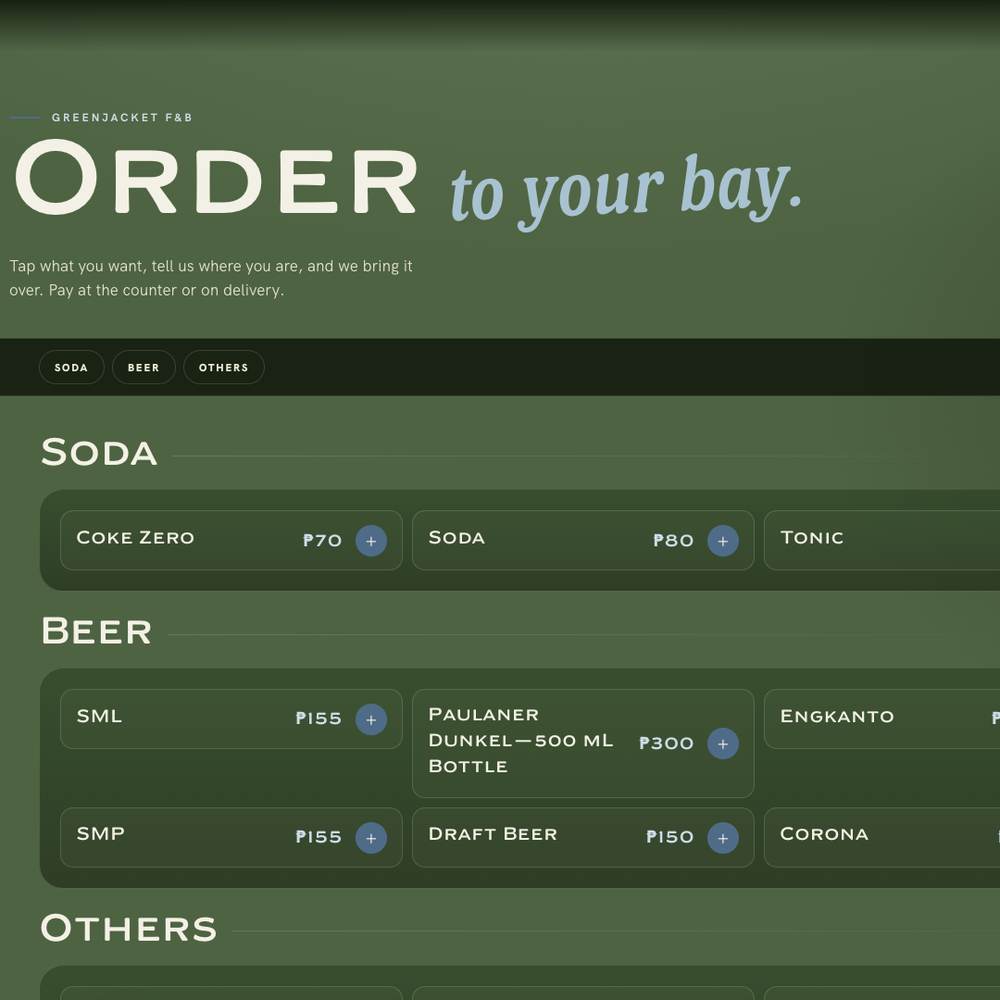 The Greenjacket guest ordering menu
