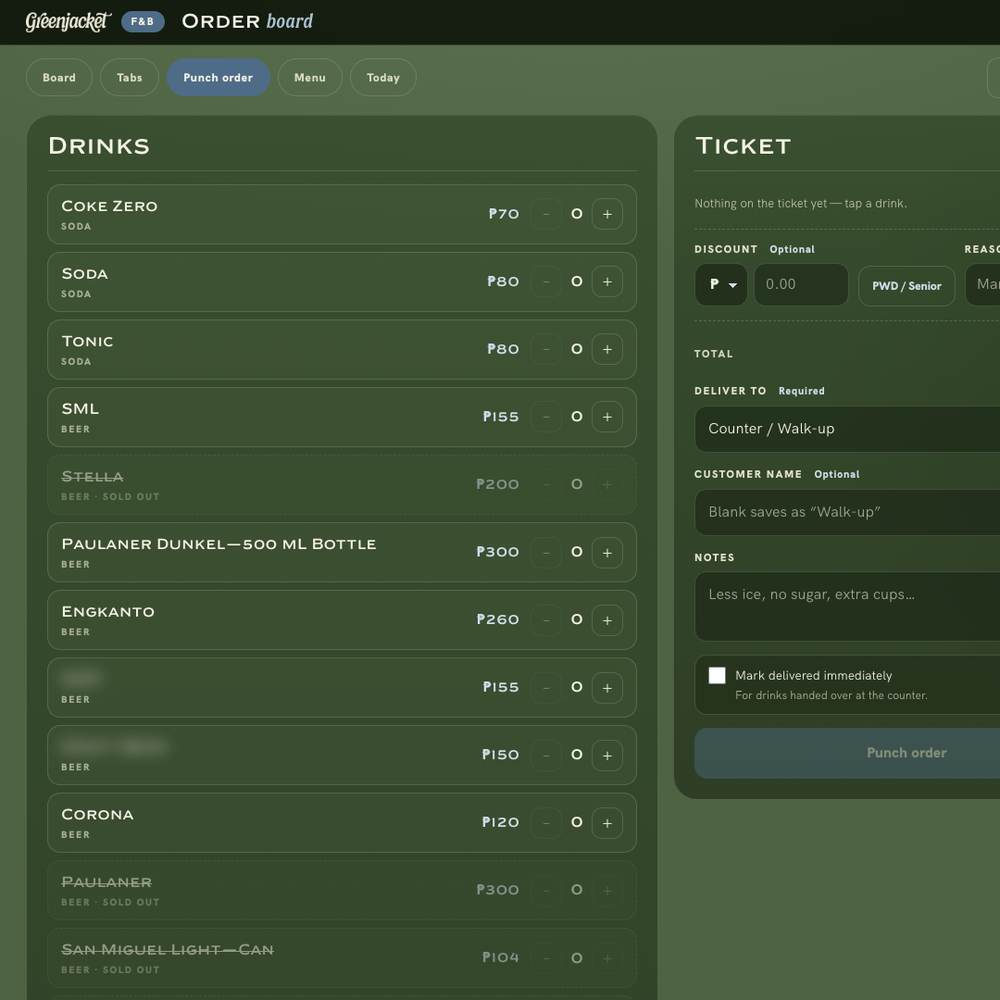 The Greenjacket staff order screen with a live ticket